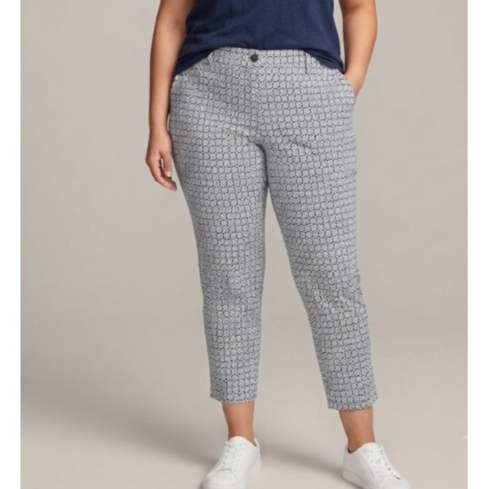 Talbots Weekend Chino Navy White Geometric Floral Straight Leg Pants Womens 16